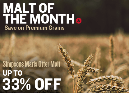 Promotional banner for Simpsons Maris Otter Malt up to 33% off with wheat field background