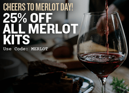 Wine glass with red wine being poured, promotional text for 25% off Merlot wine kits. Use code: MERLOT