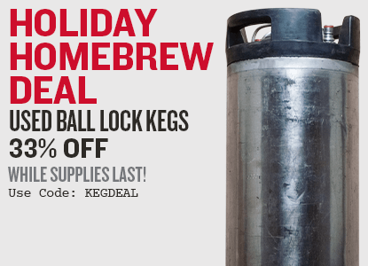 Promotional image of a used ball lock keg with text about a holiday homebrew deal.