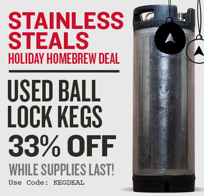 Promotional image for used ball lock kegs with a discount offer on a white background.