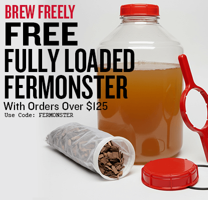 Promotional image of a fermentation container with text offering a free fully loaded fermonster with orders over $125.