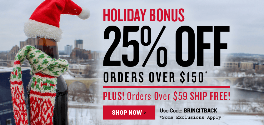 Promotional advertisement for a holiday bonus discount with a person in winter clothing against a snowy cityscape.