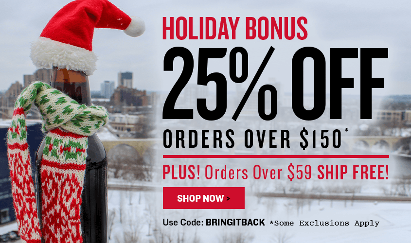 Promotional advertisement for a holiday bonus discount offer with a person in festive attire against a snowy cityscape.