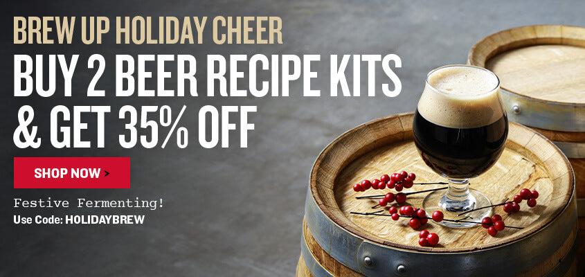 Promotional banner for beer recipe kits with a glass of beer on a barrel, text overlay, and call to action button.