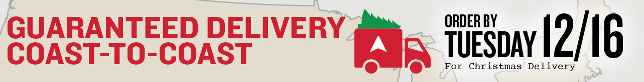 Red and white banner with text and a truck icon, promoting guaranteed delivery coast-to-coast by a certain date.