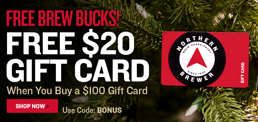 Free $20 Gift Card When You Buy a $100 Gift Card. Promotional banner for Northern Brewer gift card offer with text and logo.