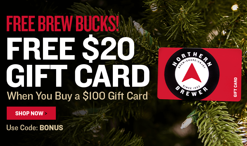 Promotional offer for a free $20 gift card with purchase of $100 gift card. Northern Brewer branding on a Christmas tree background.