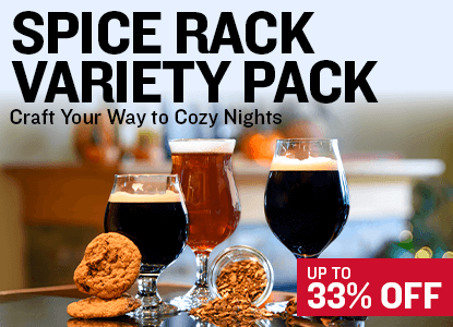 Spice rack variety pack with glasses of beer and cookies on a table, promotional text overlay.