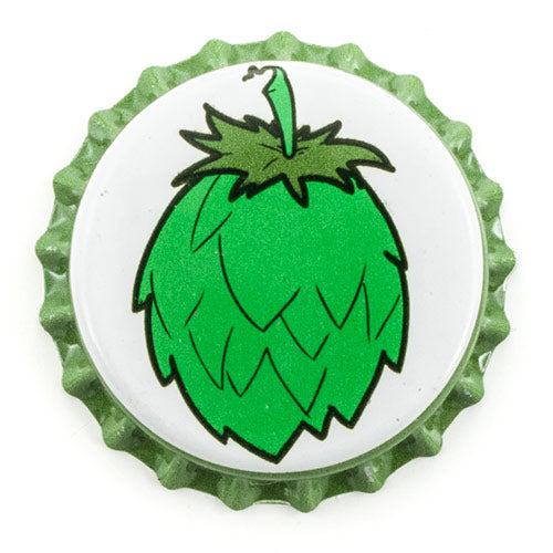 Green hop cone on a bottle cap with a white background