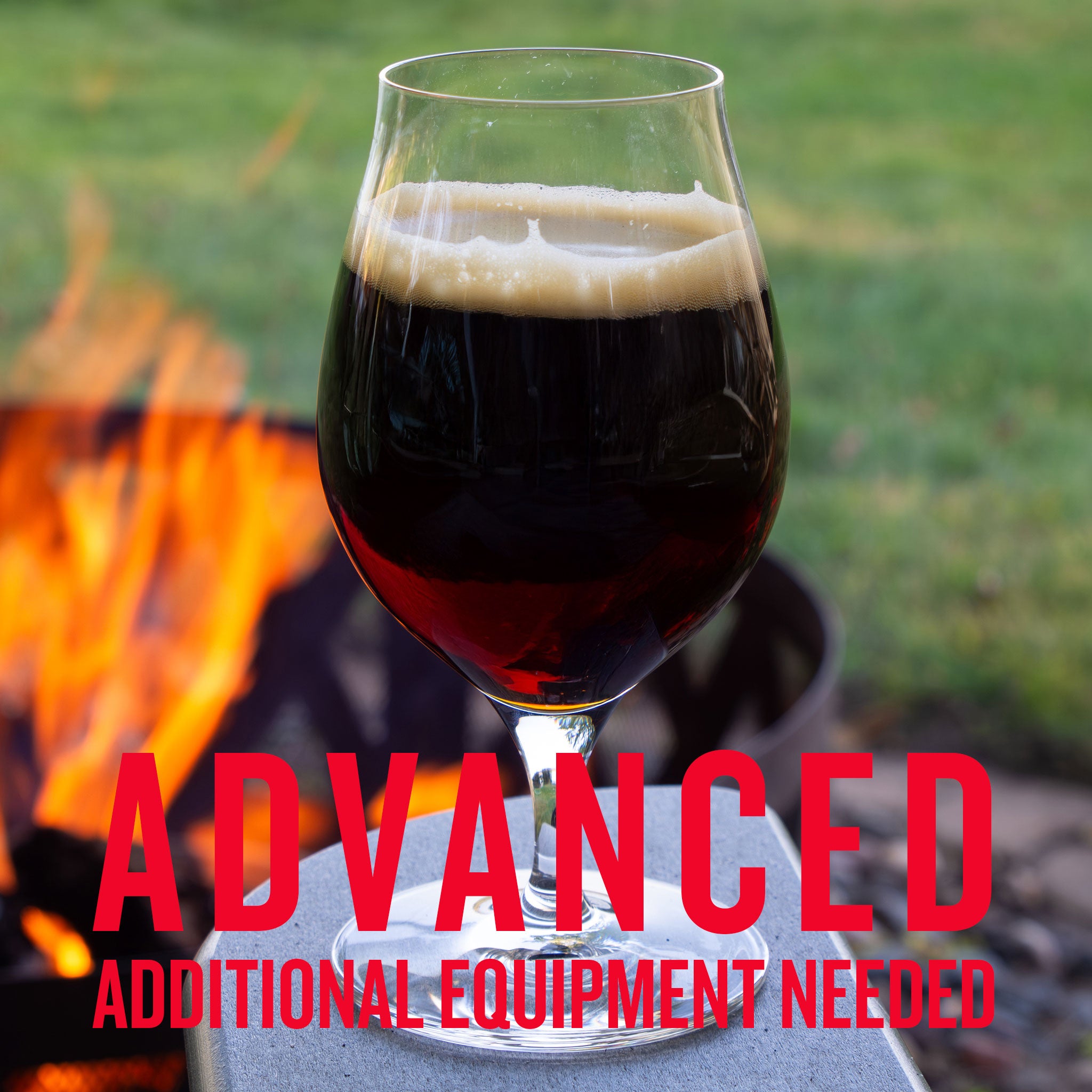 Glass of Sasquatch Barleywine, labeled 'Advanced Additional Equipment Needed' on a white background