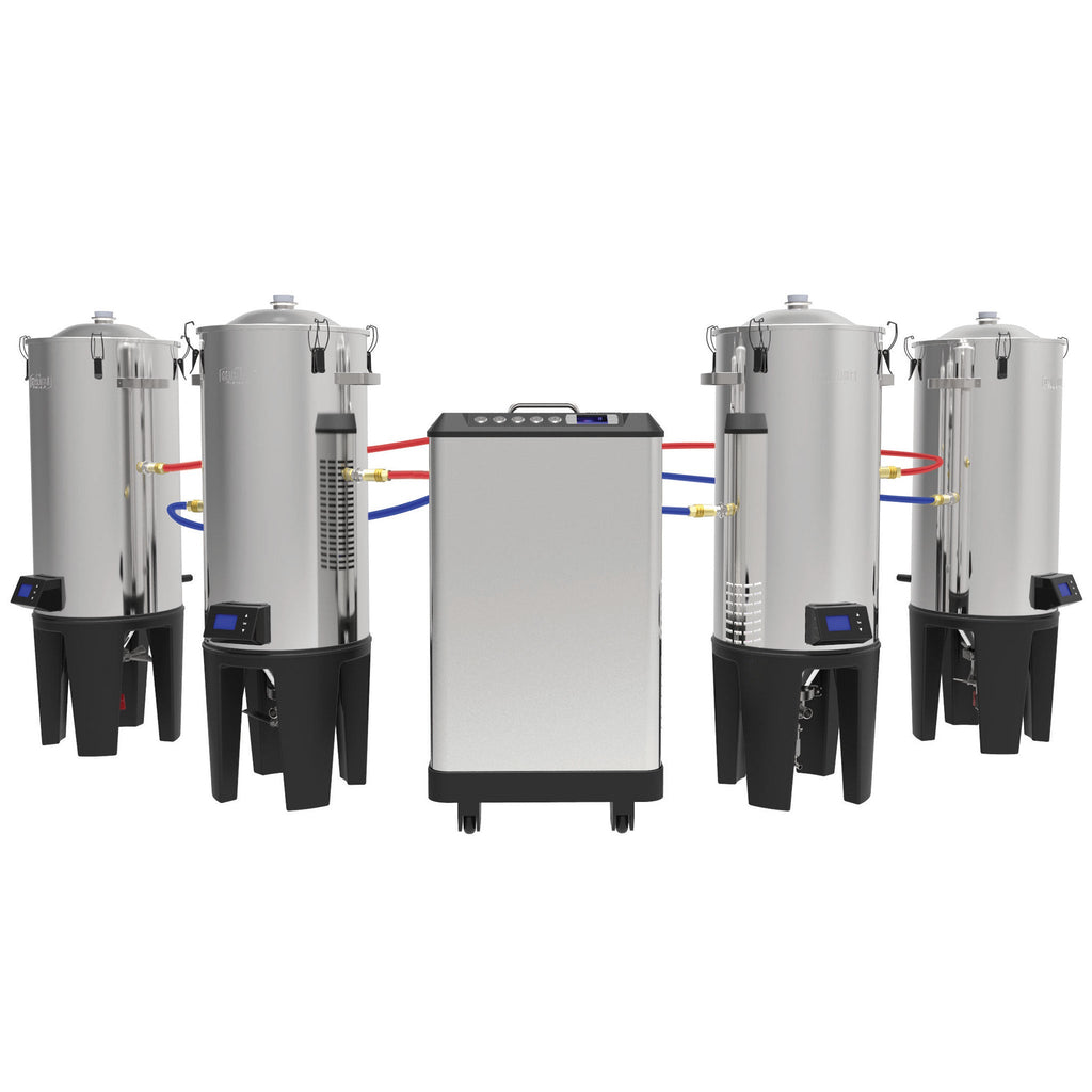Grainfather Glycol Chiller GC4 connected to 4 conical fermenters.
