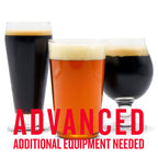 Three glasses of fall-themed craft beer with creamy foam heads, showcasing dark saison, westcoast IPA, and porter in a seasonal advanced homebrew variety pack – additional brewing equipment required."