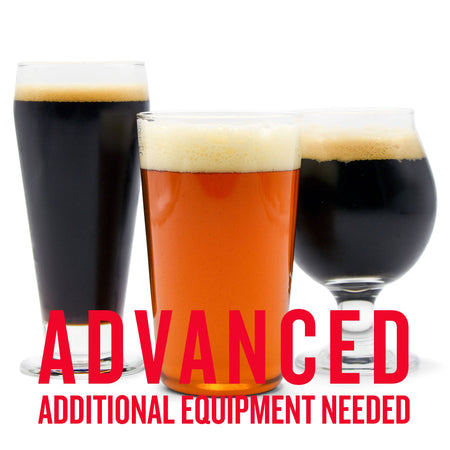 Three glasses of fall-themed craft beer with creamy foam heads, showcasing dark saison, westcoast IPA, and porter in a seasonal advanced homebrew variety pack – additional brewing equipment required."