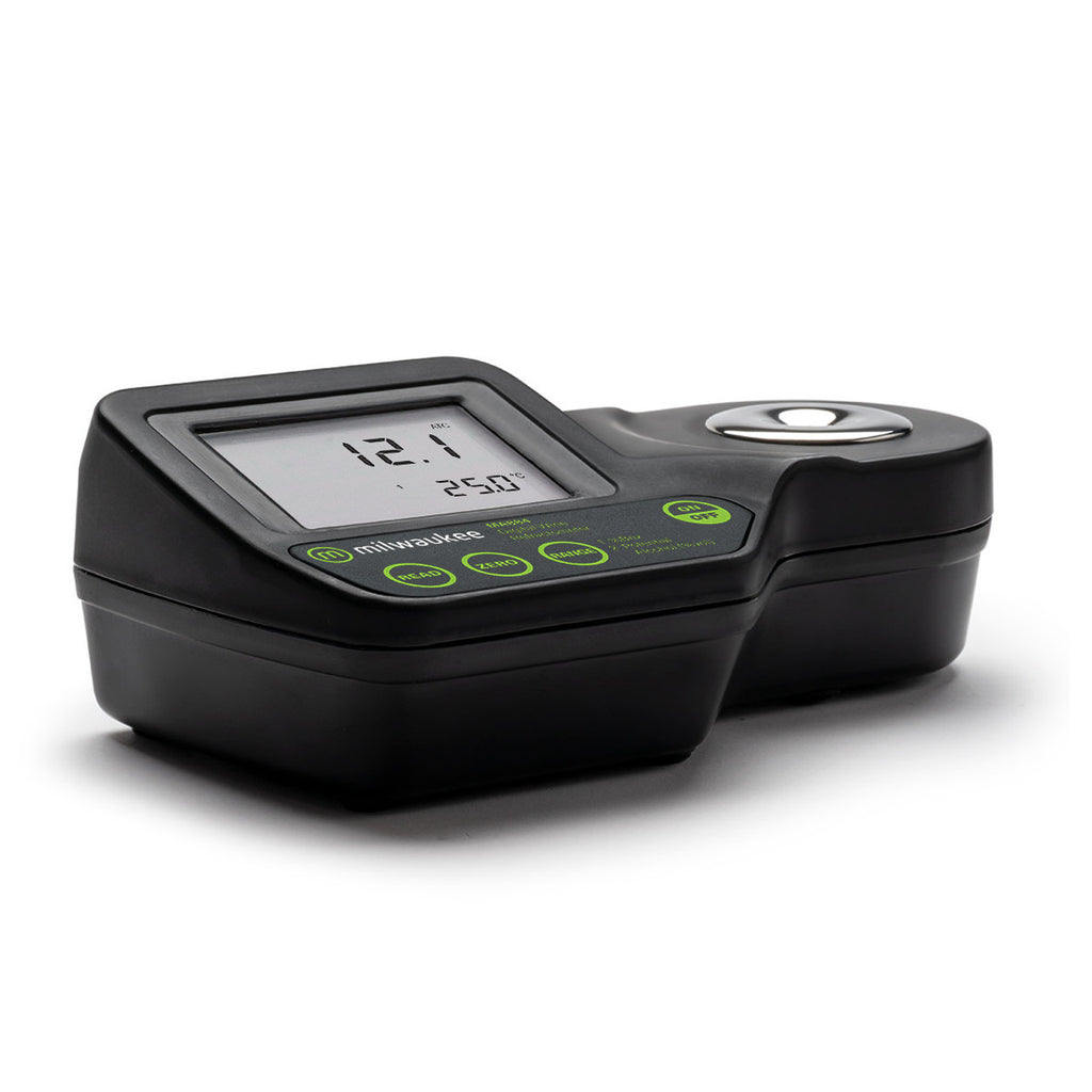 Angled side view of Milwaukee MA884 refractometer with LCD screen displaying Brix and temperature