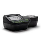 Angled side view of Milwaukee MA884 refractometer with LCD screen displaying Brix and temperature