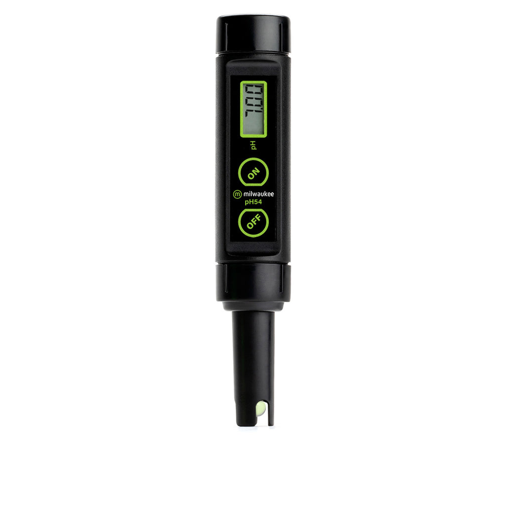 ront view of the Milwaukee pH54 pH meter in an upright position, powered on and displaying a pH reading of 7.00 on the digital screen.