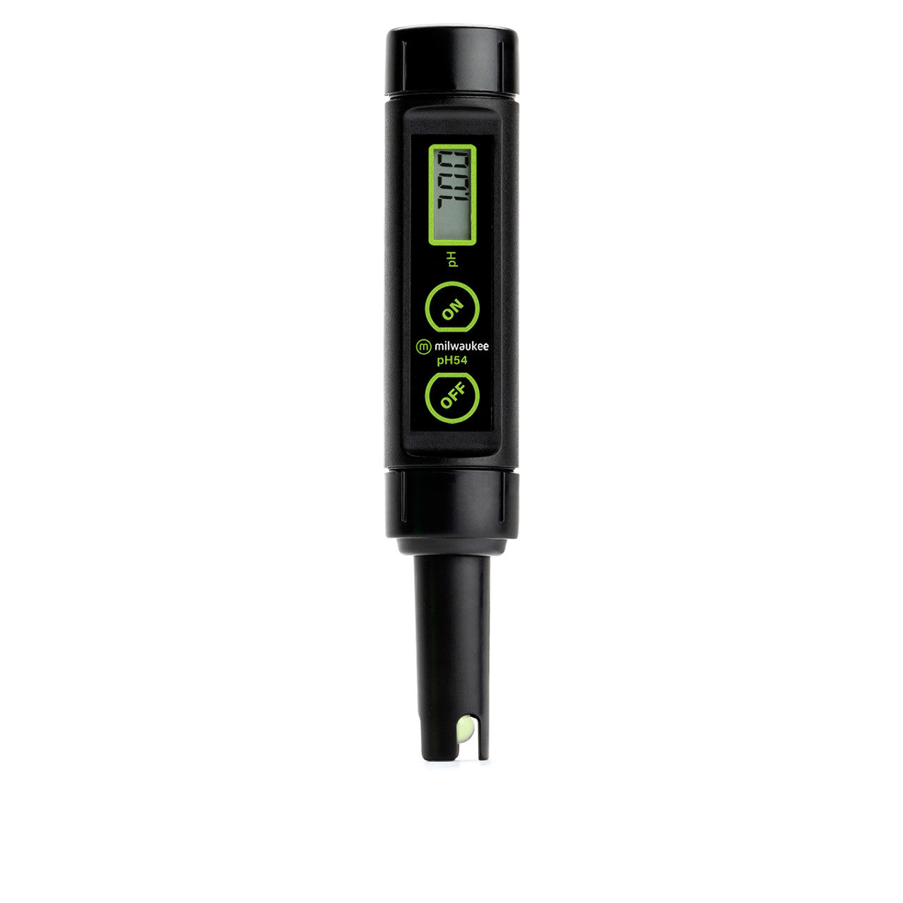 ront view of the Milwaukee pH54 pH meter in an upright position, powered on and displaying a pH reading of 7.00 on the digital screen.