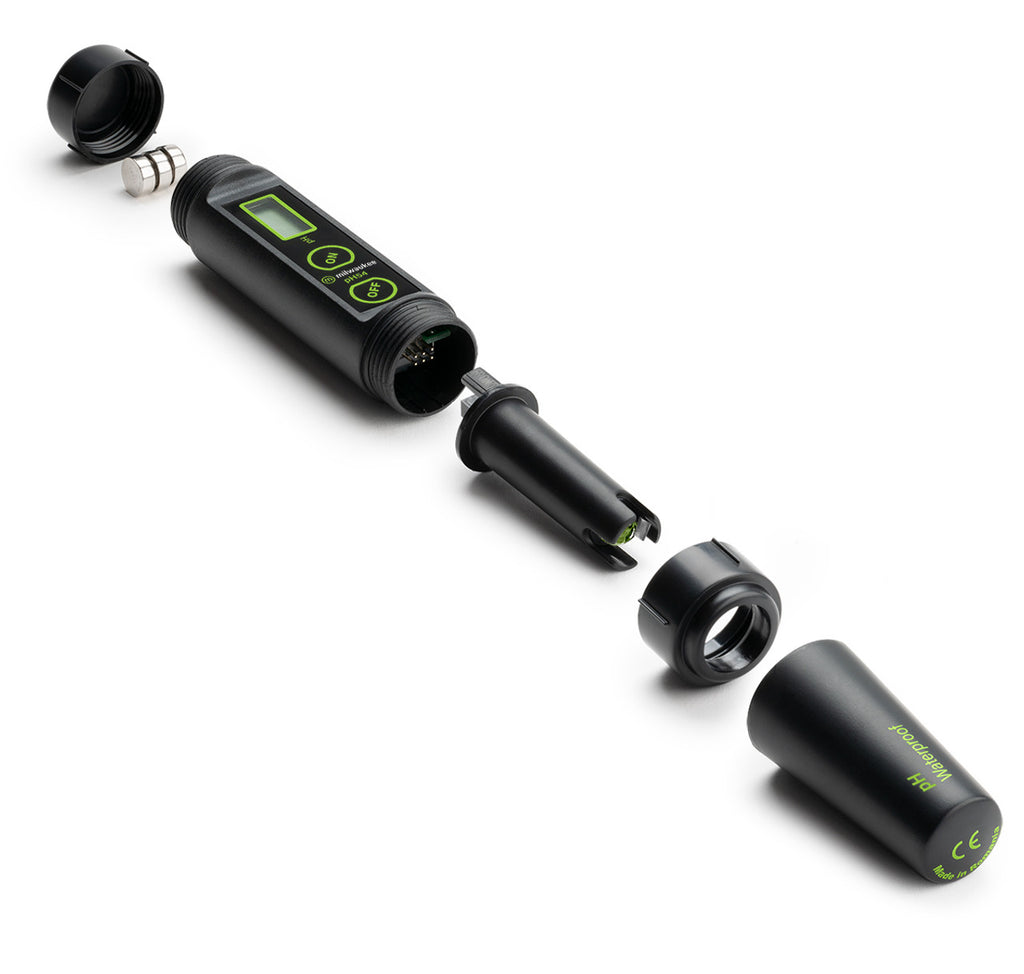 Exploded view of the Milwaukee pH54 meter showing disassembled parts including the battery compartment, digital body, replaceable electrode module, and protective cap.