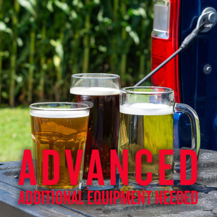 Three glasses of beer—cream ale,  Kentucky common, and golden pre-prohibition lager—sitting on a truck tailgate in front of a cornfield, with bold red text reading “ADVANCED Additional Equipment Needed.”