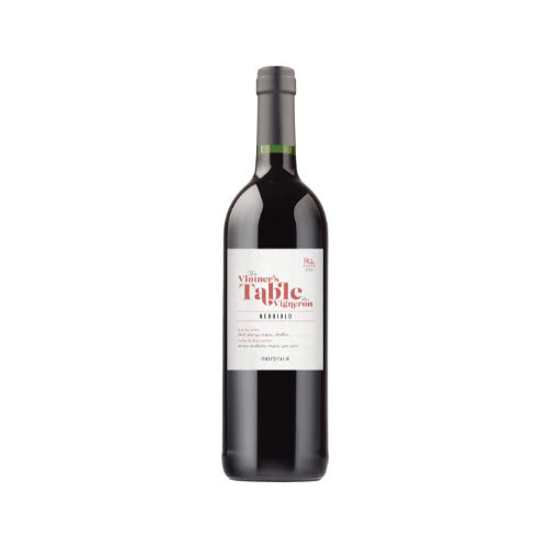 Nebbiolo – Bottle of Vintner’s Table Nebbiolo red wine with dark glass, black capsule, and white label featuring red text.