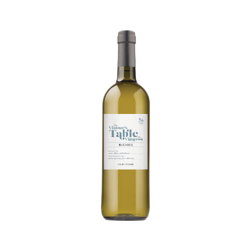 Macabeo – Bottle of Vintner’s Table Macabeo white wine with light glass, gray capsule, and white label featuring blue text.