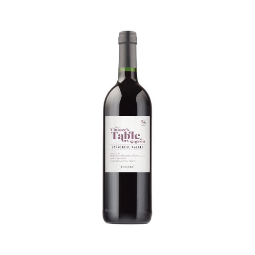 Carménère Malbec – Bottle of Vintner’s Table Carménère Malbec red wine with dark glass, black capsule, and white label featuring purple text.