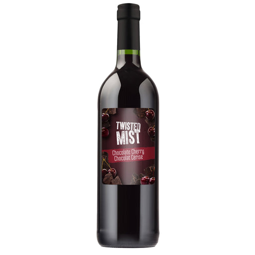 Bottle of Twisted Mist Chocolate Cherry wine with a label on a white background