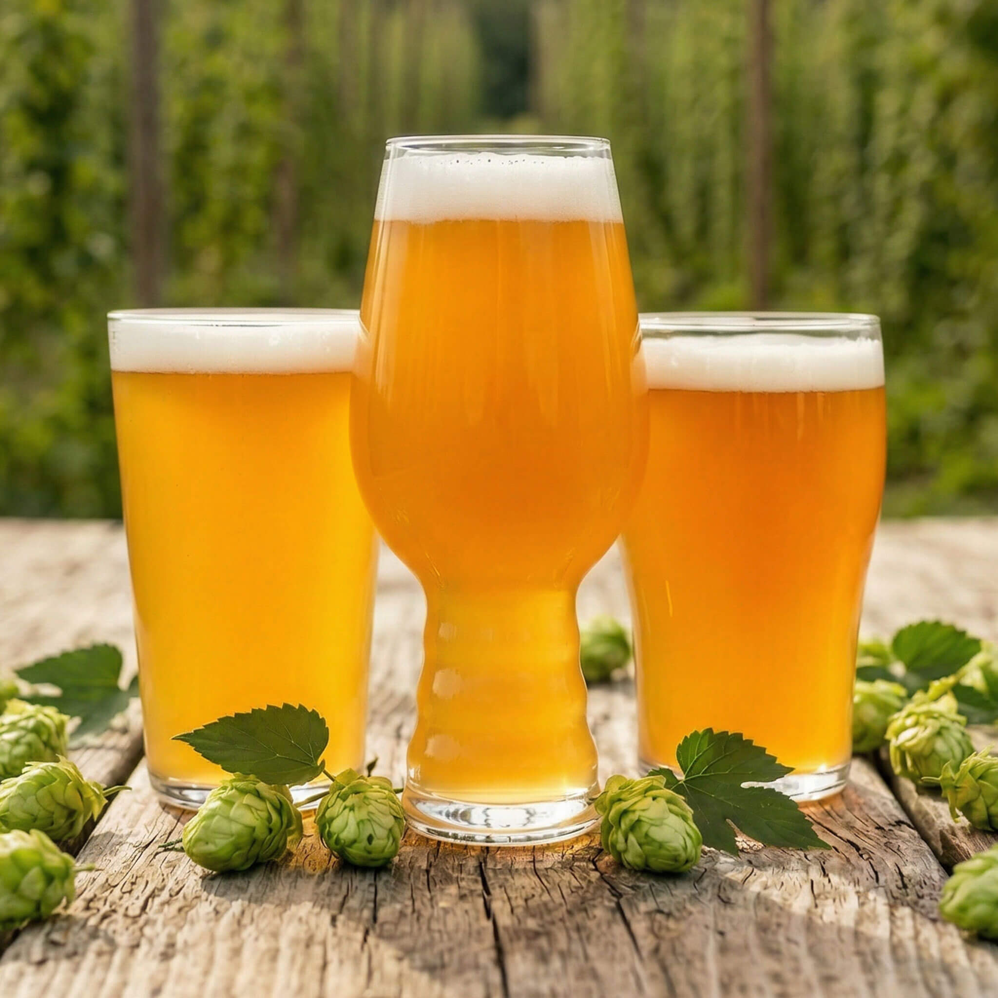 Three glasses of beer on a wooden surface with hops in the background