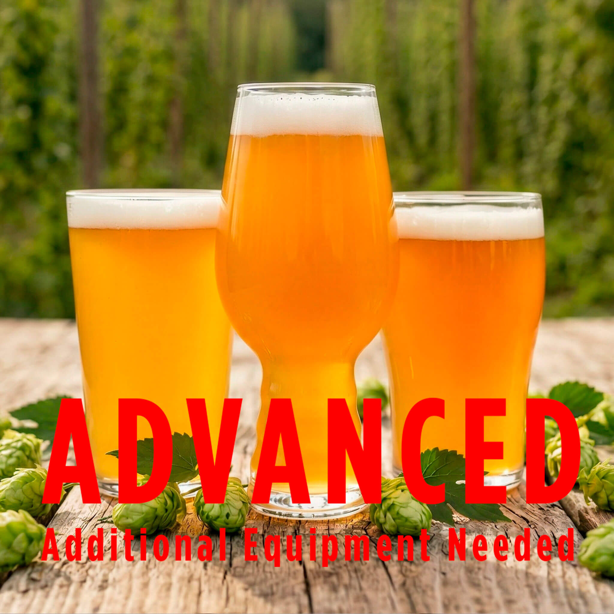 Three glasses of beer with hops on a wooden surface, text 'Advanced Additional Equipment Needed' overlayed.