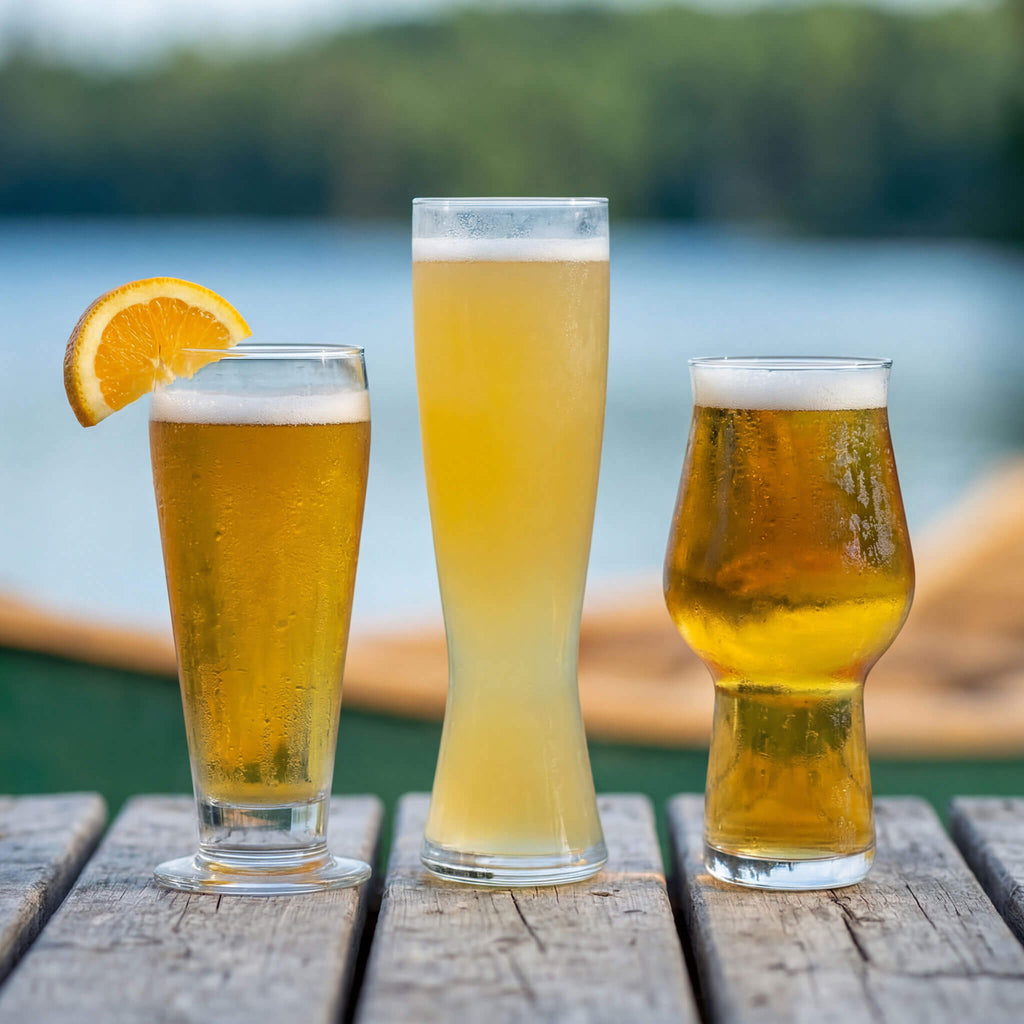 Three glasses of beer on a wooden table with a blurred natural background