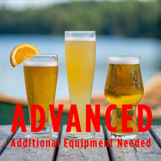 Three glasses of beer on a wooden surface with a lake and trees in the background, and text overlay 'Advanced Additional Equipment Needed'.