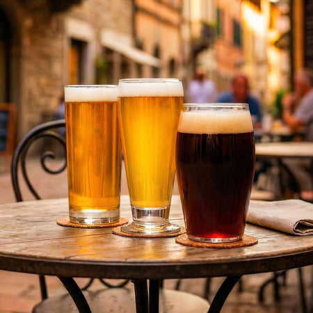 Three glasses of different types of beer on a wooden table with a blurred street scene in the background.