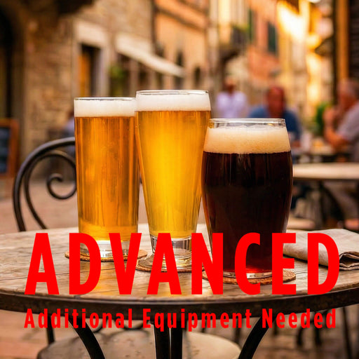 Three glasses of beer on a table with 'Advanced' text overlay in an outdoor setting.