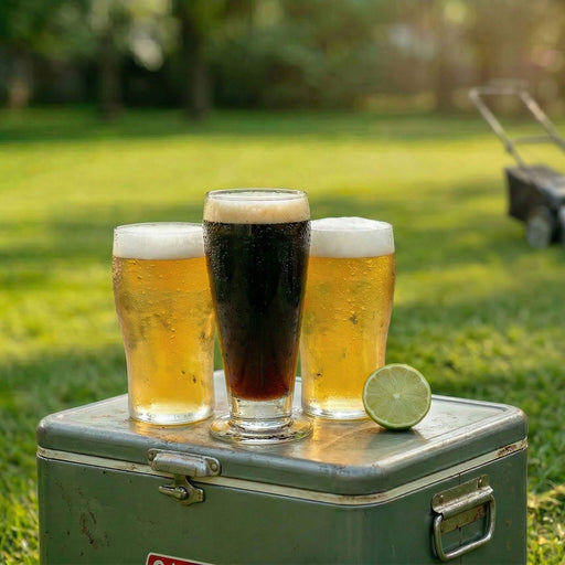 Three glasses of beer on a vintage cooler with a grassy background