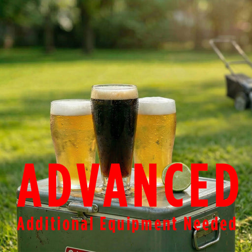 Three glasses of beer on a cooler with 'Advanced' Additional Equipment Needed text overlay in an outdoor setting.