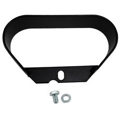 Black metal gauge guard with two screws on a white background