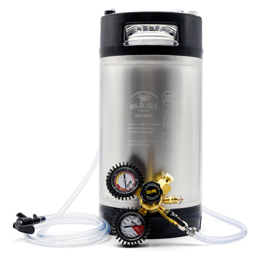 3-Gallon Keg System with a regulator attached to the front, and liquid and gas tubing draped over the handles.