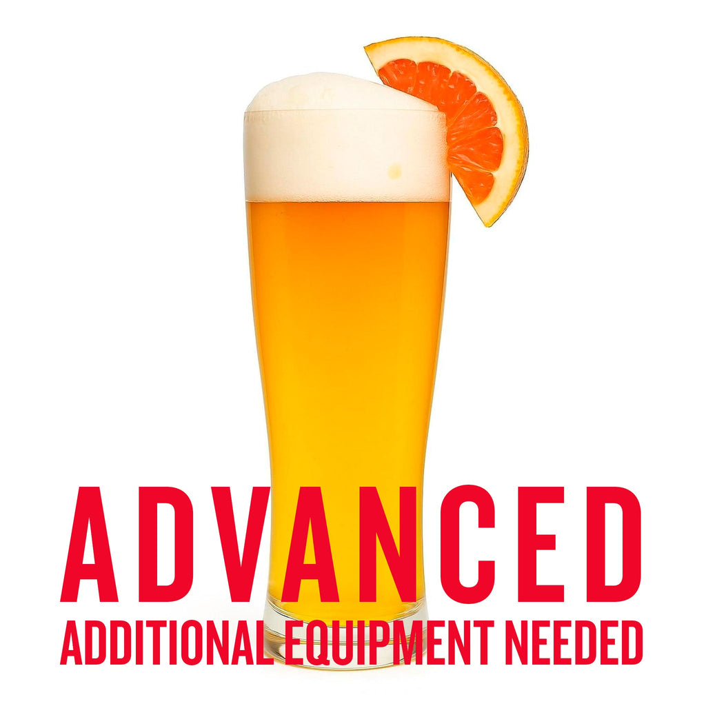 Sunny Side Grapefruit Radler in a glass with a grapefruit wedge and a text overlay "Advanced Additional Equipment Needed"