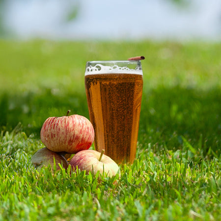 Glass of spiced apple amber ale with apples on a grassy field