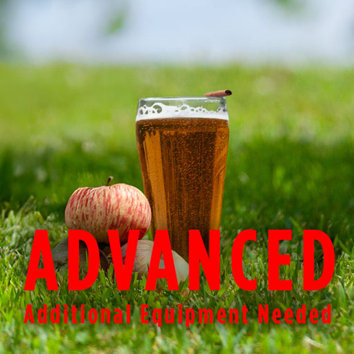 Glass of spiced apple amber beer and apple on grass with 'Advanced' text overlay