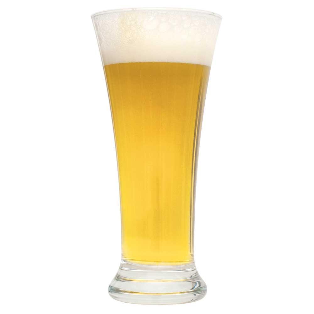 Lowkey Watermelon Wheat Ale low-ABV beer in a pilsner glass with foam