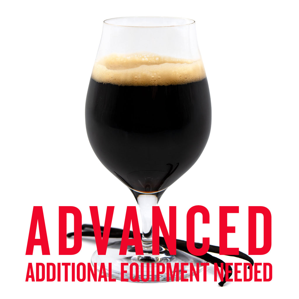 Vanilla Porter in stemmed glasswear with vanilla beans at the base with red text overlay stating "Advanced Additional Equipment Needed."