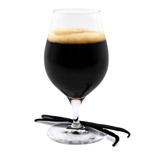 Vanilla Porter in stemmed glasswear with vanilla beans at the base.
