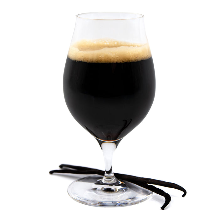 Vanilla Porter in stemmed glasswear with vanilla beans at the base.