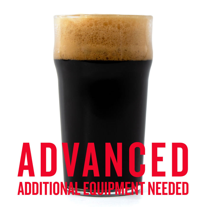 Glass of dark beer with a thick foam head on a white background, text 'Advanced Additional Equipment Needed' in red.
