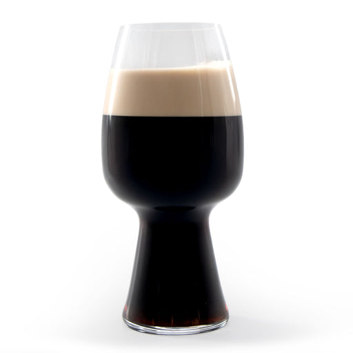 Glass of NA Stout beer with a white background
