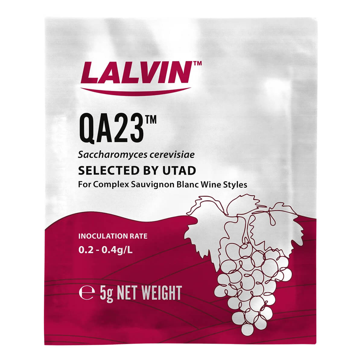 Lalvin QA23 wine yeast package with grape illustration on a white background