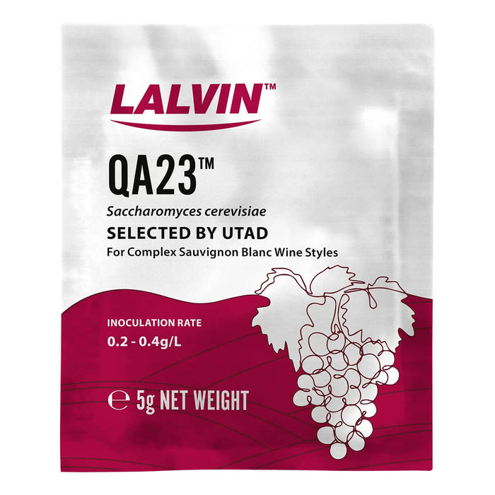 Lalvin QA23 wine yeast package with grape illustration on a white background