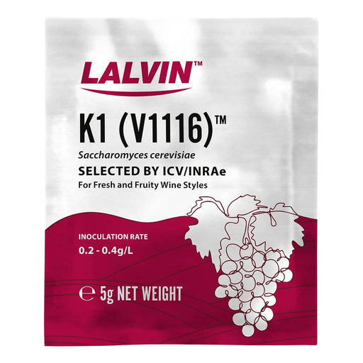 Lalvin K1 (V1116) wine yeast package on a white background