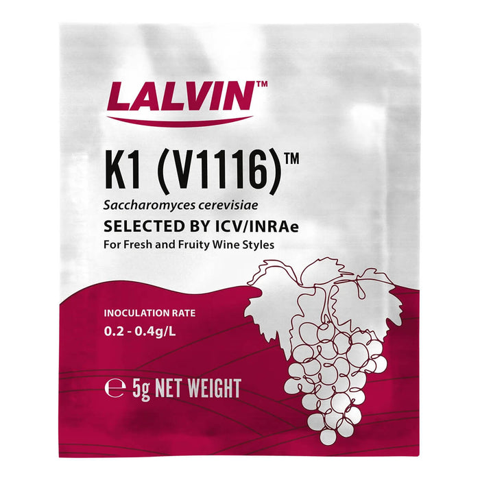 Lalvin K1 (V1116) wine yeast package on a white background